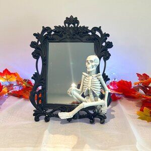 Halloween 3D resin and glass Sitting Skeleton Ornate Mirror 14.5 inches